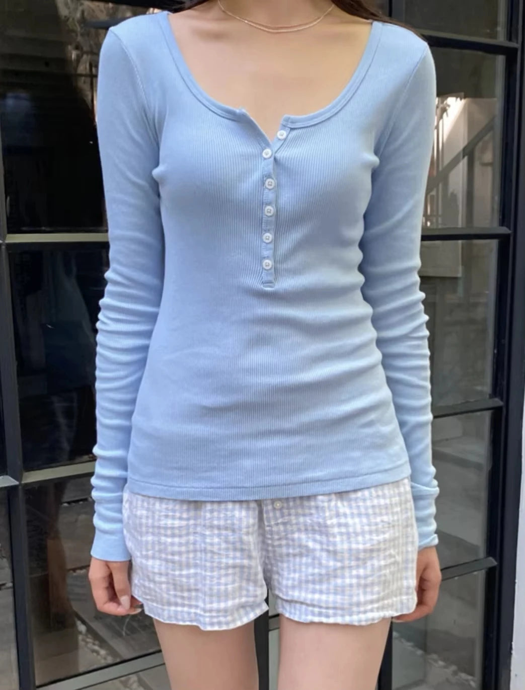 Taro Purple Ribbed Patchwork Long Sleeve Tees Women Autumn Simple Basic Buttons O-neck Tshirt Female Sweet Cute Cotton T-shirts