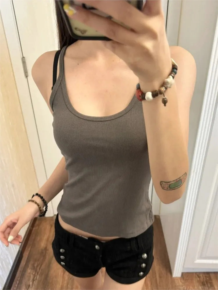 Vintage Solid Ribbed U-neck Tank Tops Women Summer New Streetwear Basic Sleeveless Vests Sweet All-matchCasual Slim  Camisole