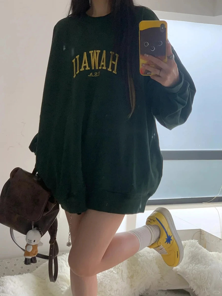 Letter Embroidery Sweatshirts Women Casual Streetwear O-neck Loose Pocket Pullover Tops Vintage American Preppy Style Sweatshirt