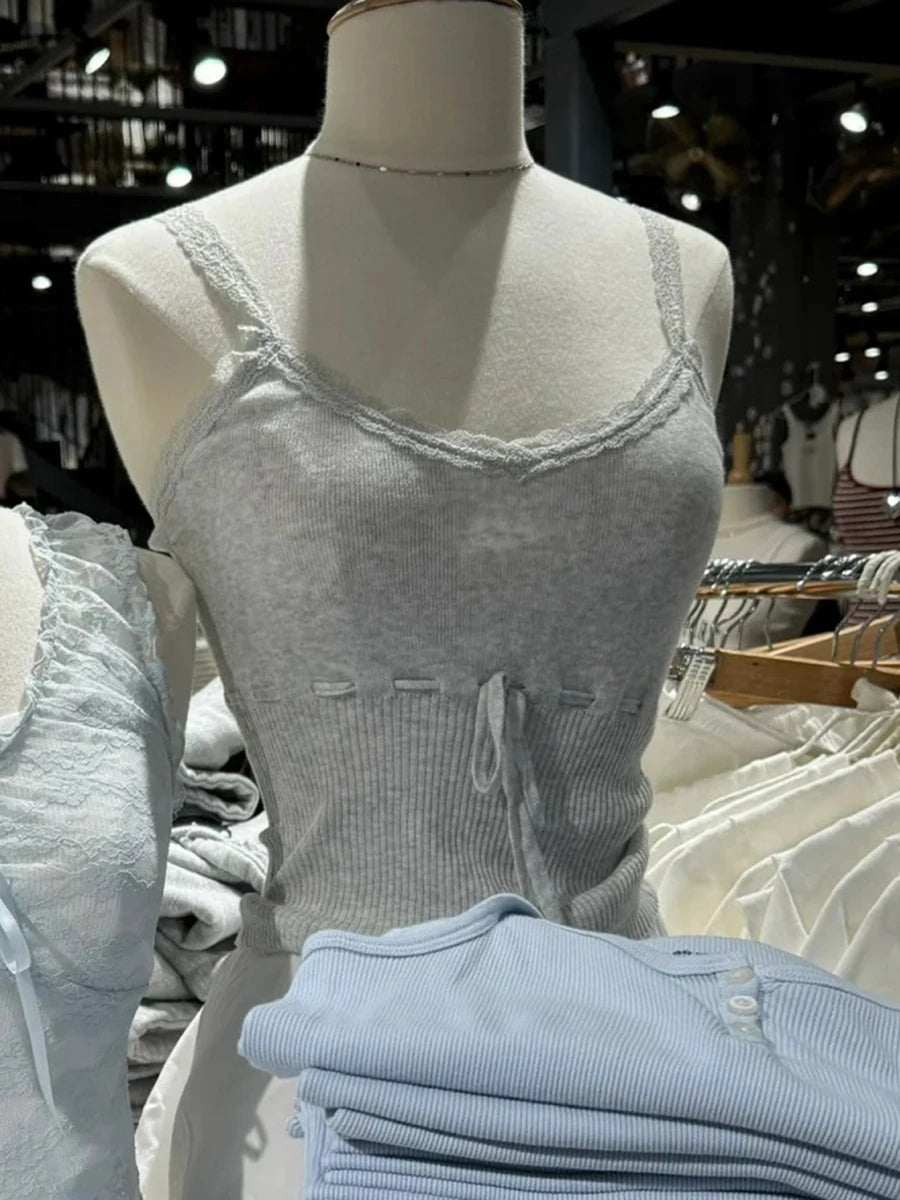 White Lace Trim Drawstring Knitted Tank Tops Women New Slim Cotton Buttons High Waist V-neck Camis Simple Sweet Cute Vests Y2K