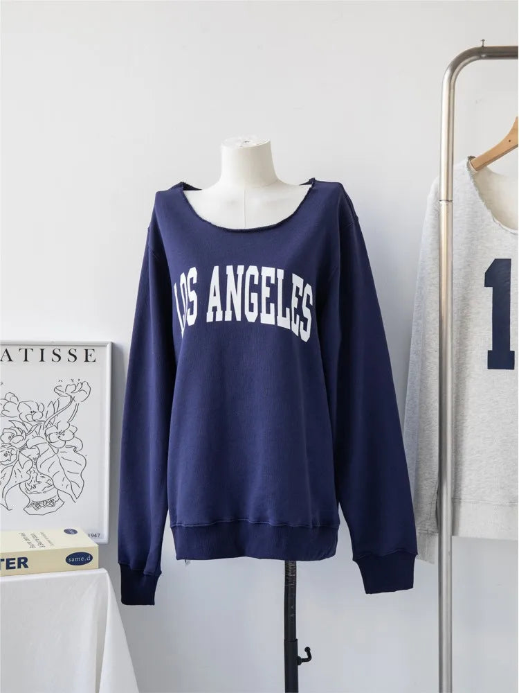 Vintage Letter Print Oversized Sweatshirt Women Autumn Scoop Neck Long Sleeve Cotton Loose Pullover Sexy Street Chic Hoodies Y2K