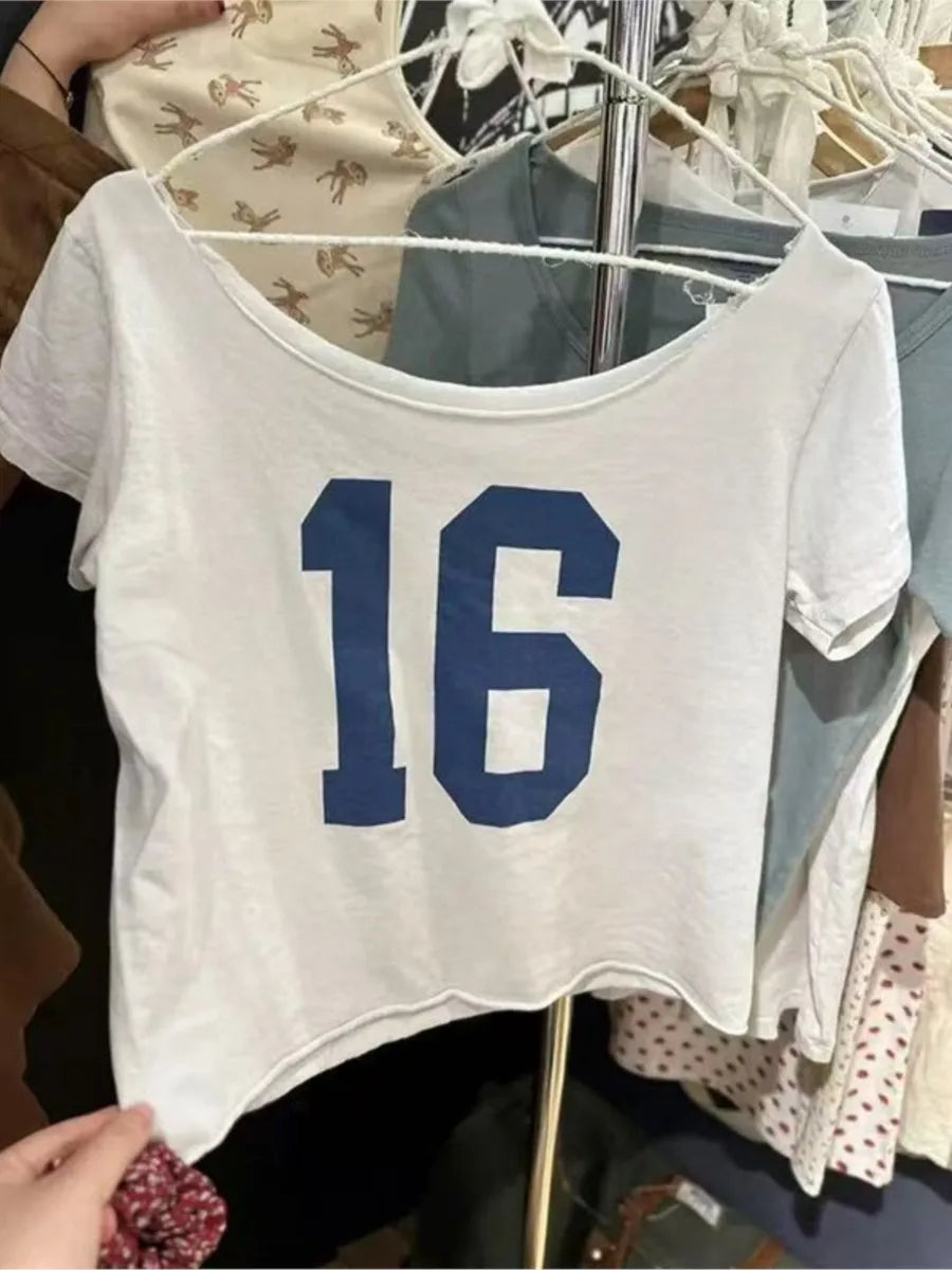 16 Print Raw Hem T-shirts Women Summer New Casual Cotton Gray Slash Neck Short Sleeve Crop Tops Sweet Cute Vintage Tshirt Y2K