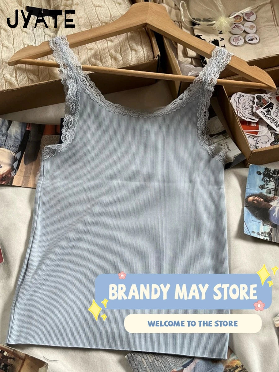 Fashion Blue Lace Trim Slim Cropped Vests Women New Cotton Casual Sexy Basic Sleeveless Tank Tops Sweet Cute Simple Camisole Y2K