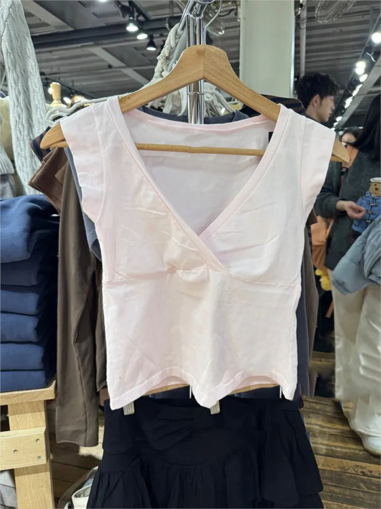 Pink V-neck Sleeveless T-shirts Women Summer Casual Fairy Style Slim Cotton Crop Tops Female Sweet Cute Streetwear Vests Y2K