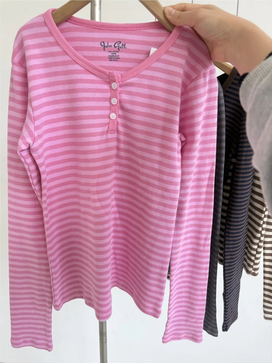 Pink Striped Buttons Long Sleeve T-shirt Shorts Set Women Cotton Home Pajama 2 Piece Sets Slim Tees+Elastic Straight Sweatshort