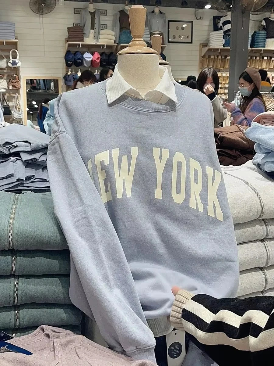 Letter Embroidery Sweatshirts Women Autumn New Casual O-neck Flag Long Sleeve Hoodies Vintage Harajuku Chic Pullover Top Y2K