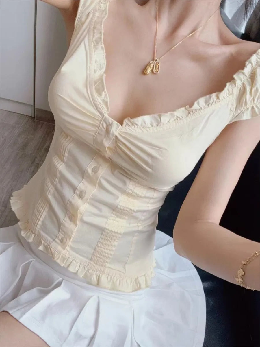 Yellow Sweet Folds Blouse Top Women Casual Single Breasted Ruffle Sleeveless Tank Tops Vest Cute Casual Preppy Style Camis Y2K