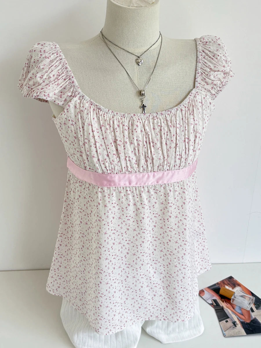 Pink Polka Dot Babydoll Top Women Summer New Casual Slim Lace-up Square Collar Tee Tops Sweet Vintage Preppy Style T-shirts Y2K