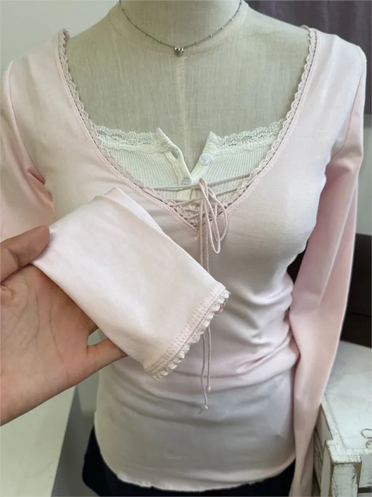 Lace Trim Long Sleeve Tees Women Spring Streetwear Cotton Slim V-neck Lace-up Tops Sweet Cute Pink Chic T-shirts