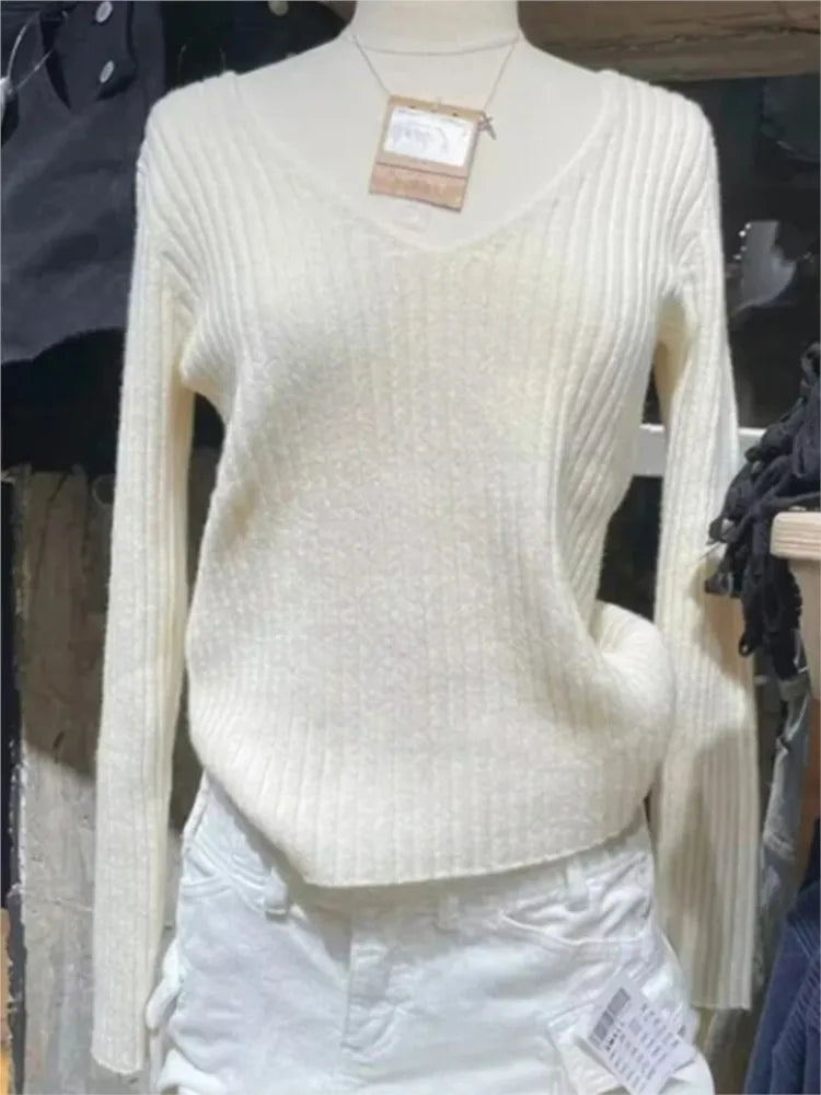Sweet Beige Knit Sweaters Women Winter New Cotton Warm Simple Slim Casual Streetwear Pullover Tops Vintage Cute Harajuku Jumper