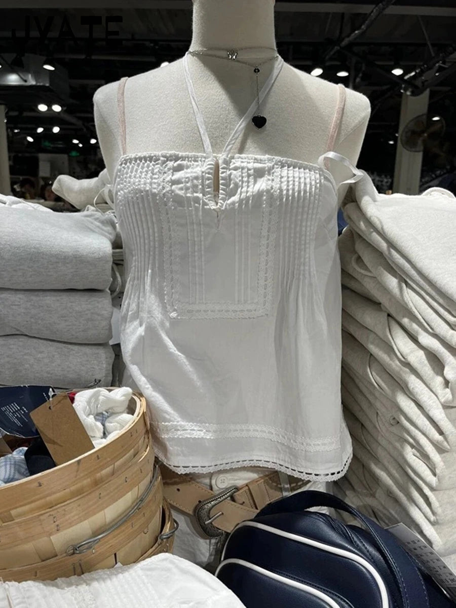 Cute White Square Neck Halter Strap Camisole Women Summer New Cotton Lace Trim Sleeveless Vests Sweet Vintage Chic Tank Tops Y2K