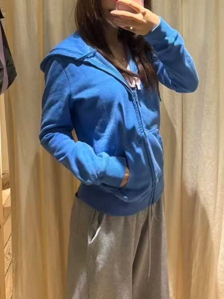 Sweet Electric Blue Zipper Hoodies Women Autumn Pockets Drawstring Hoodie Tops Vintage Loose Preppy Style Y2K Sweatshirts Coat