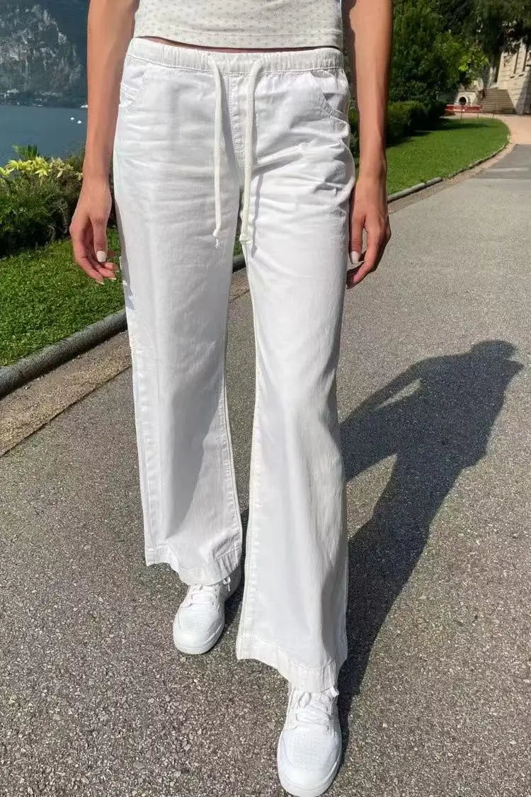 White Drawstring Basic Loose Pants Women Autumn Sexy Low Waist Pockets Straight Long Pant Baggy Streetwear Vintage Trousers Y2K