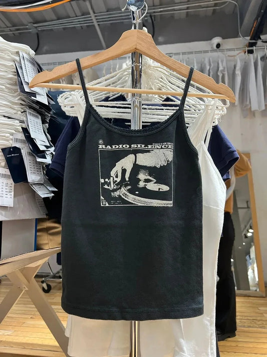 Vintage Radio Print Slim Tank Tops Women Summer New Cotton Casual Lace Trim Sleeveless Vests Harajuku Streetwear Camisole Y2K