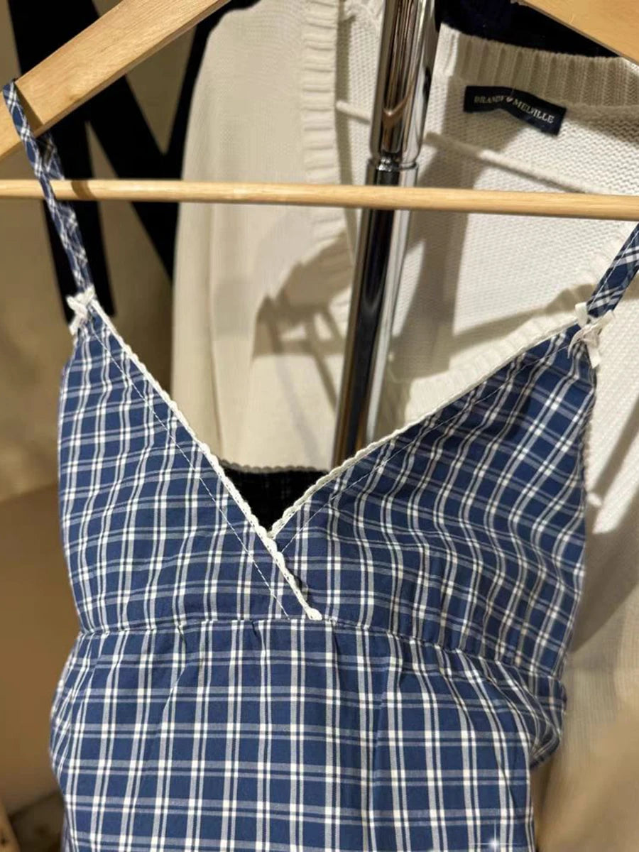 Sweet Blue Plaid Lace-up Tank Top Women Summer New Cotton Lace Trim Bow V-Neck Sleeveless Camis Vintage Cute Chic Crop Tops Y2K