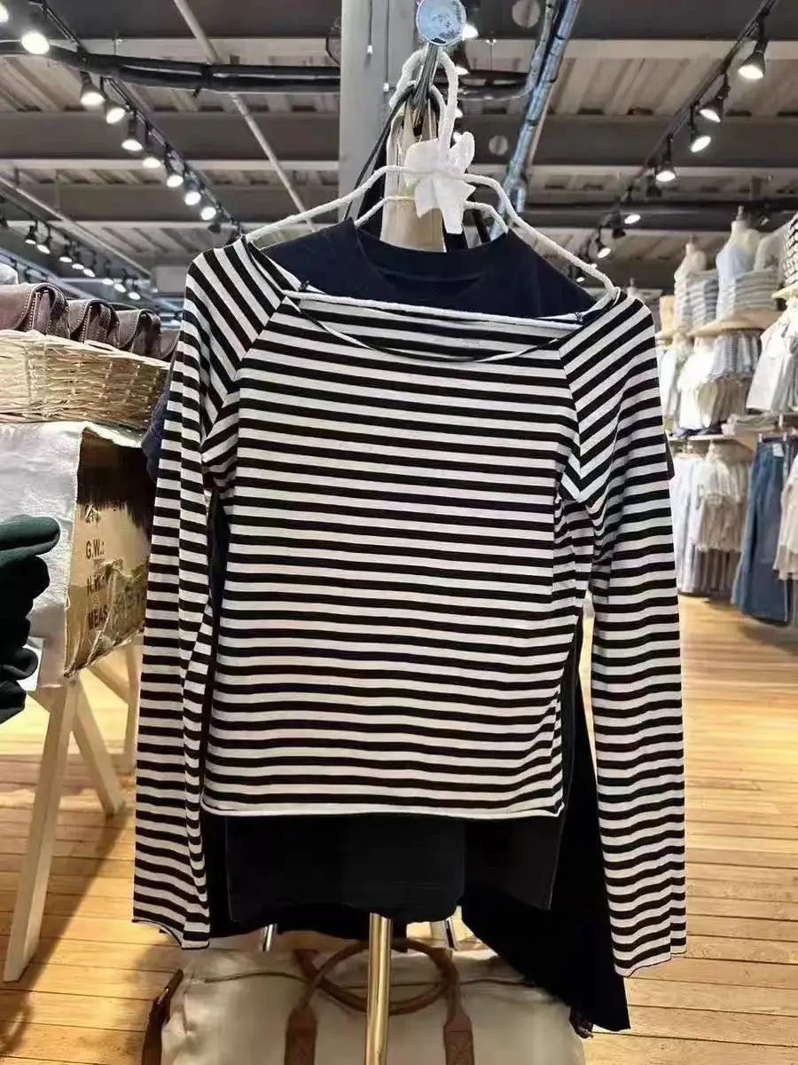 Vintage Striped Sexy Slash Neck Slim T Shirt Women Casual Streetwear Cotton Long Sleeve Tees Casual Sweet Basic T-shirts Y2K New