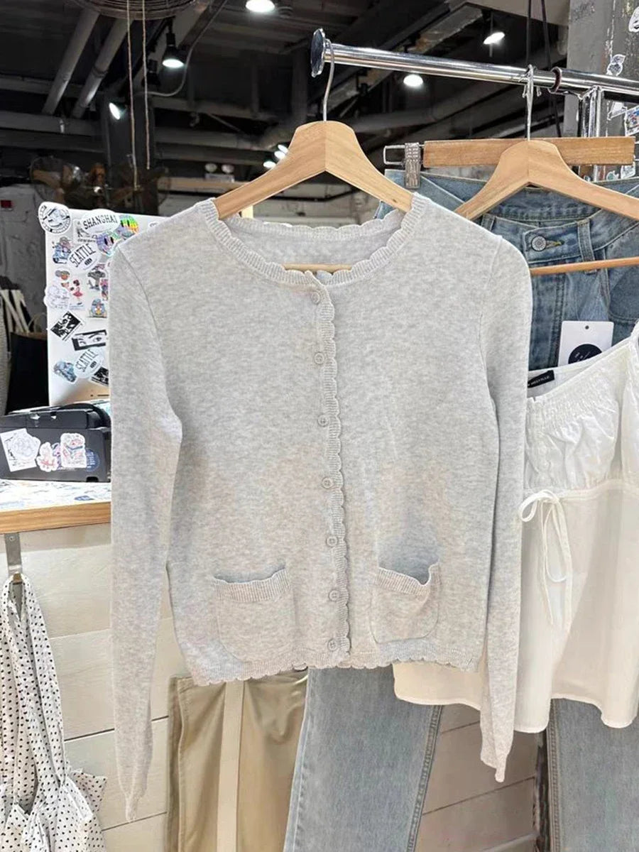 Gray Pockets Knitted Sweater Cardigan Women Autumn Cotton Round Neck Long Sleeve Sweaters Sweet Preppy Style Knitwear Y2K Tops