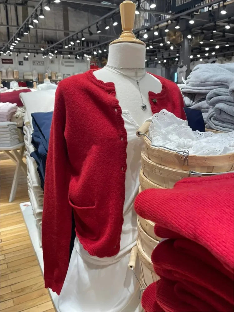 Christmas Red Pockets Slim Knitted Cardigan Woman O-Neck Long Sleeve Cotton Sweaters Sweet Preppy Style Knitwear Coat Tops