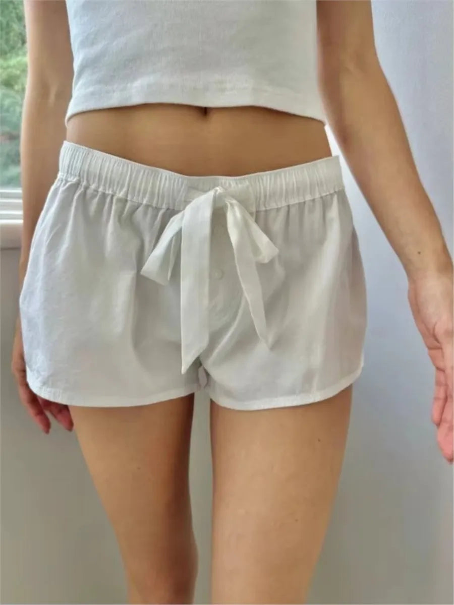 Simple White Straight Shorts Women Casual Drawstring Bow Elastic Waist Button Cotton Sweatshorts Home Underwear Sweet Short Pant