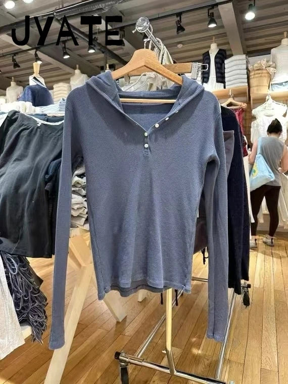 New Waffle Hooded T-shirt Women Casual Button Cotton Slim Long Sleeve Tee Shirt Vintage American Preppy Style Tshirt Y2k