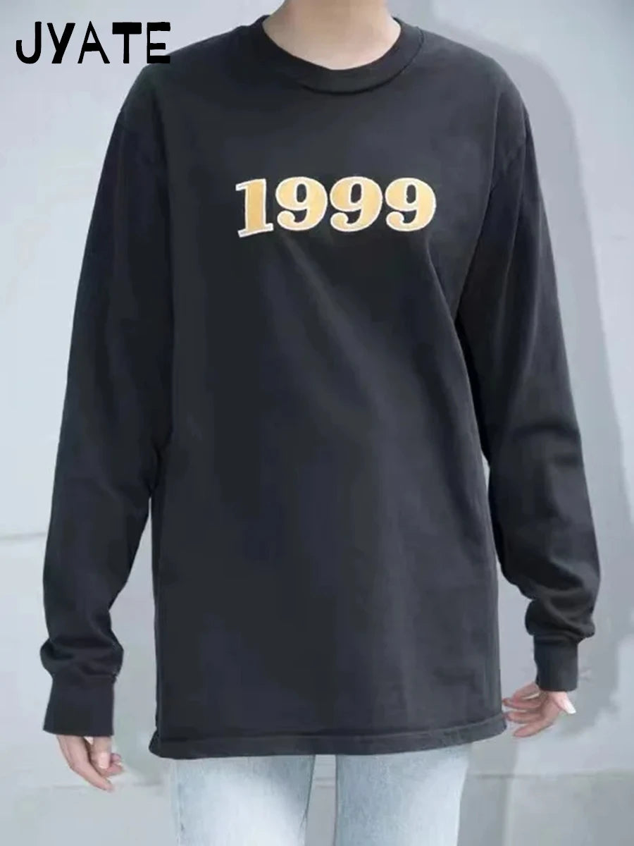 Classic Number Embroidery Loose Long Sleeve Tee Women O-neck Cotton Casual Simple Tops Clothes Harajuku Street Chic T-shirts Y2K