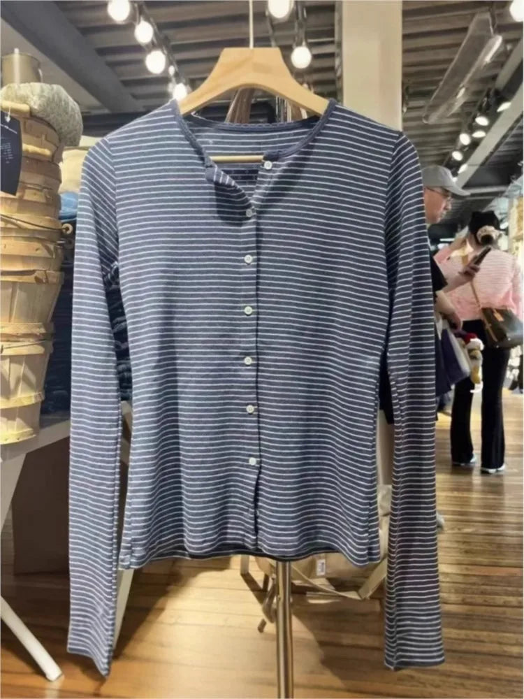 Blue White Striped Eyelet T-shirt Women O-neck Single Breasted Cotton Long Sleeve Tee Cute Sweet Preppy Style Slim Tops Tshirt