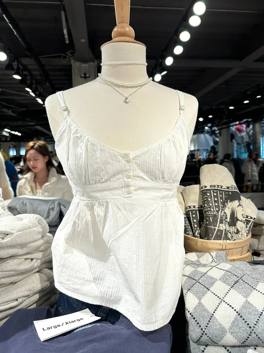 Gray Plaid Slim Buttons Tank Top Woman Summer New Lace Trim V-neck Back Lace-up Cotton Camis Vintage Sweet Chic Crop Tops Y2K