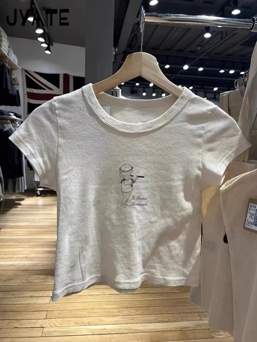 Cartoon Angel Print Cute Slim T-shirts Women Summer O-neck Cotton Harajuku Streetwear Short Sleeve Tees Sweet Chic Y2K Crop Tops