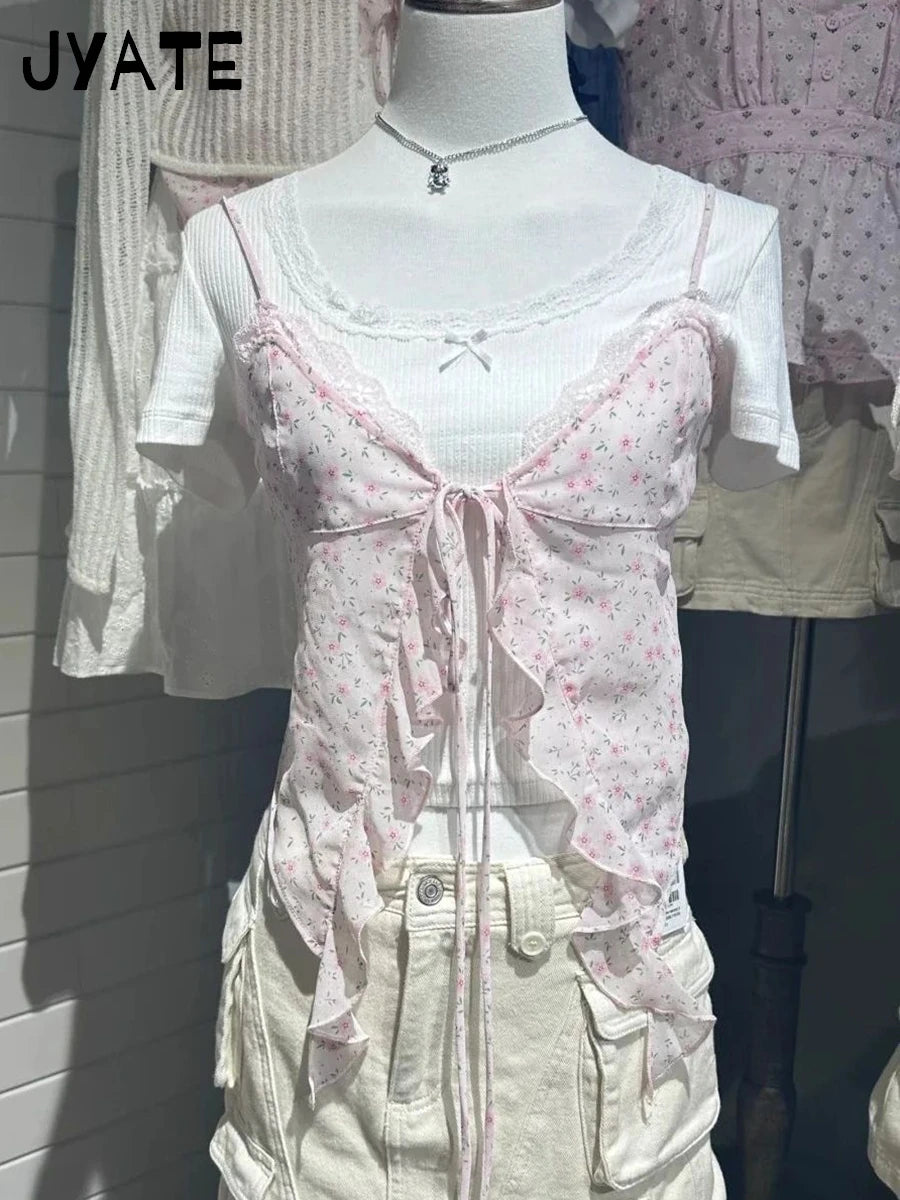Sweet Pink Floral Irregular Straps Camisole Women New V-neck Slim Sexy Sleeveless Cropped Vests Vintage Chic Cute Tank Tops Y2K