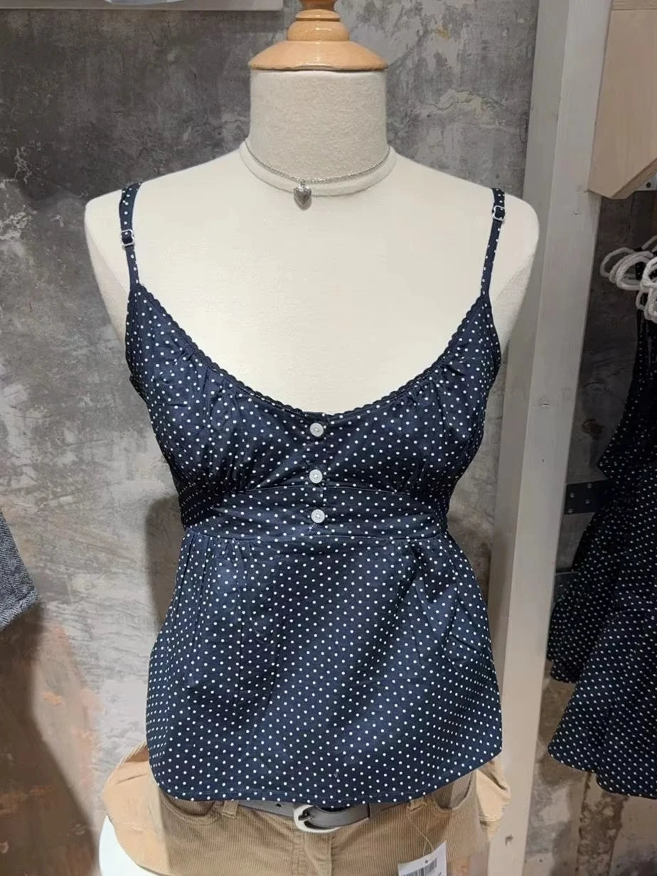 Navy Dot Slim Buttons Tank Top Woman Summer New Lace Trim V-neck Back Lace-up Cotton Camis Clothes Vintage Sweet Crop Tops Y2K