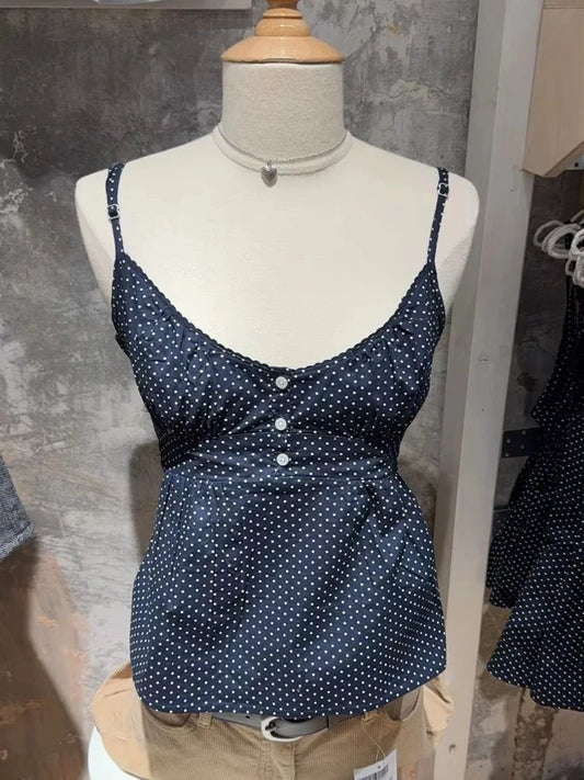 Navy Dot Slim Buttons Tank Top Woman Summer New Lace Trim V-neck Back Lace-up Cotton Camis Clothes Vintage Sweet Crop Tops Y2K