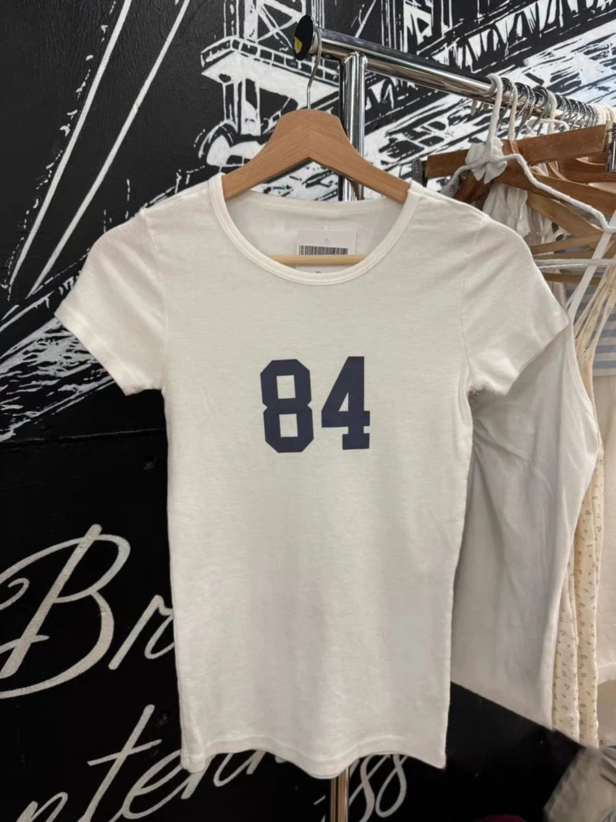 NO.14 Print Slim Navy T-shirts Women New Cotton Casual O-neck Short Sleeve Tees Girl American Vintage Streetwear Tshirt Y2K Tops