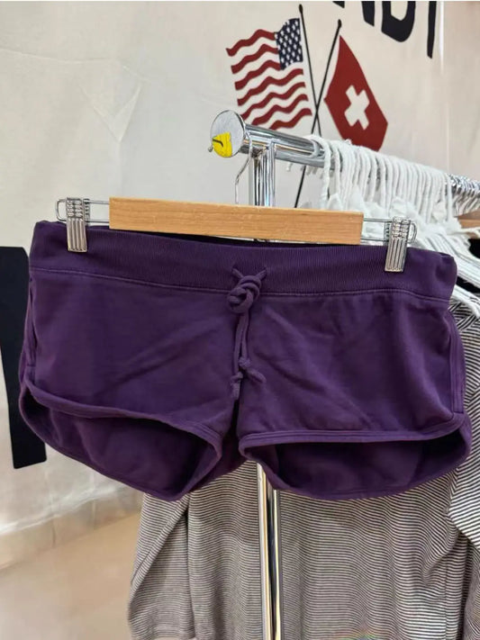 Purple Cotton Short Pant Women Simple Casual Elastic High Waist Casual SweatShorts Vintage Preppy Style Drawstring Bottoms Y2K