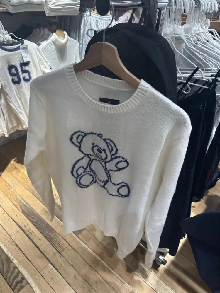 Bears Jacquard Cute Knit Sweaters Women Spring O-neck Long Sleeve Cotton Jumper Vintage Sweet Preppy Style Pull Sweater Tops Y2K