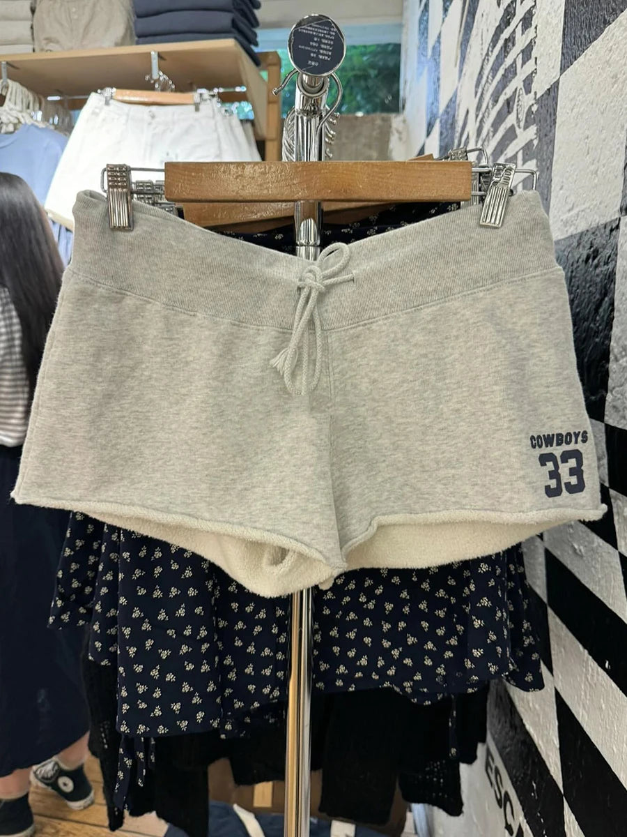 White Letter Embroidery Sweatshorts Woman Summer Low Waist Drawstring Straight Short Pant Female Casual Sweet Sport Shorts