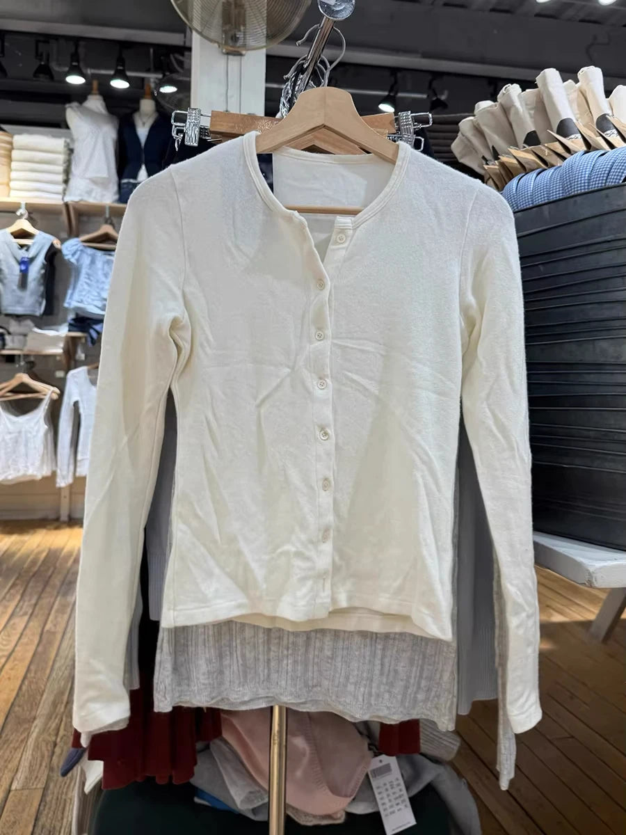 Beige Knitted Long Sleeve T-shirt Autumn New Cute O-neck Single Breasted Cotton Slim Tees Women Simple All-match Sweet T Shirts