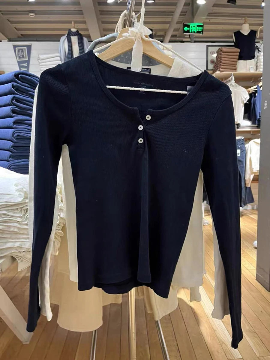 Buttons Ribbed Long Sleeve T-shirts Women Spring Soft Cotton Round Neck Vintage Top Female Solid Simple Y2k Streetwear Tees 2023