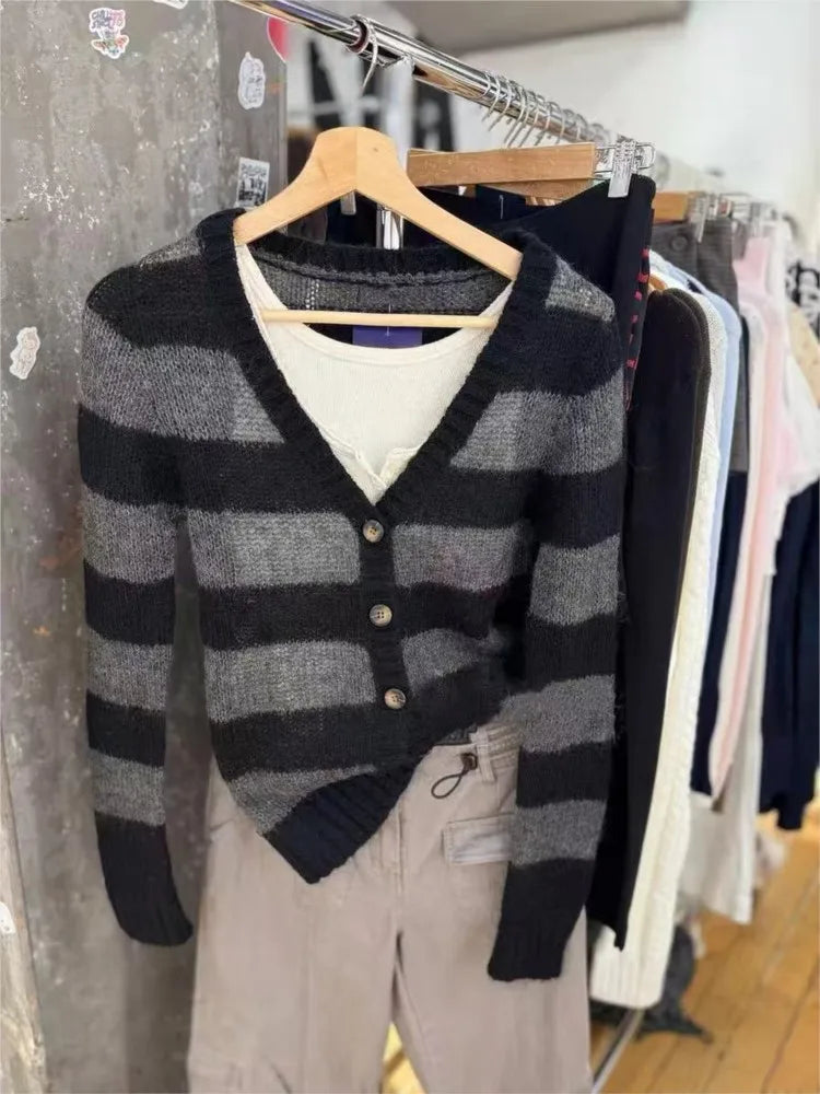 Striped Mohair Long Sleeve T-Shirt Cardigan Women Autumn V-Neck Cotton Thin Smock Button Top Vintage Sweet Cute Tee Shirt Tops