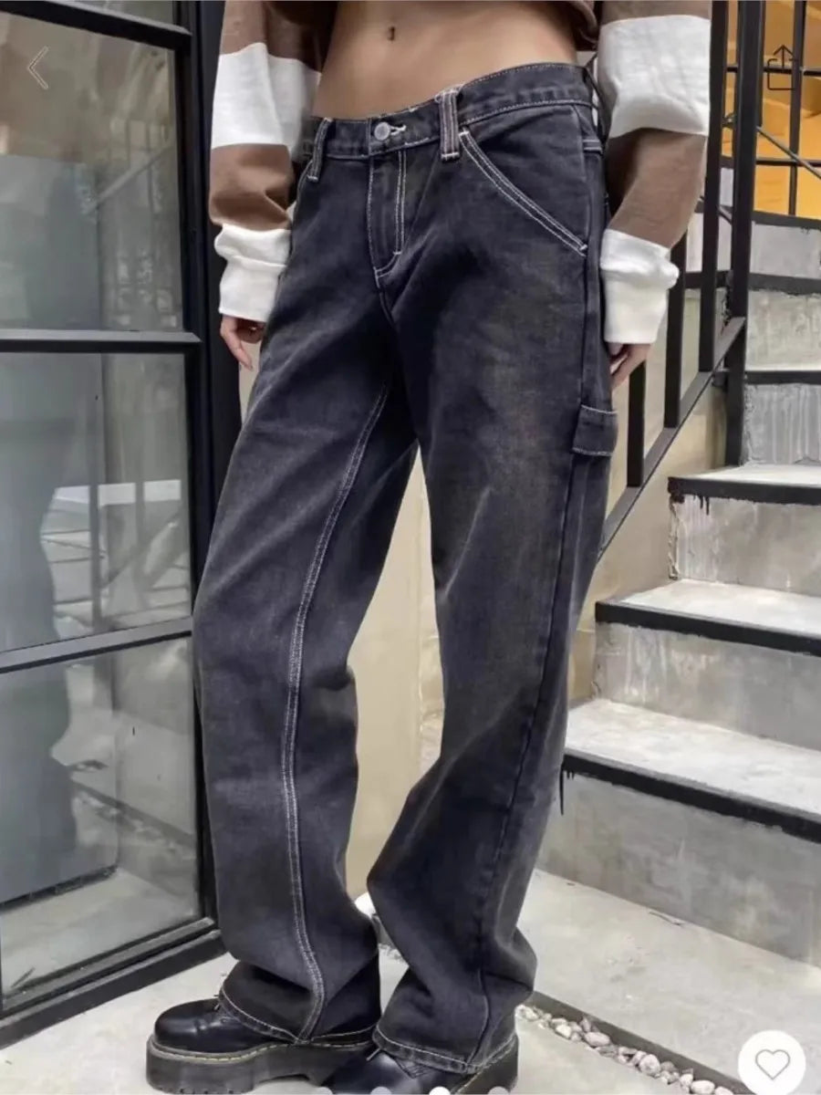 Vintage Buttons Loose Pants Women Summer Casual Low Waist Pockets Straight Long Pant Baggy Streetwear Preppy Style Trousers Y2K