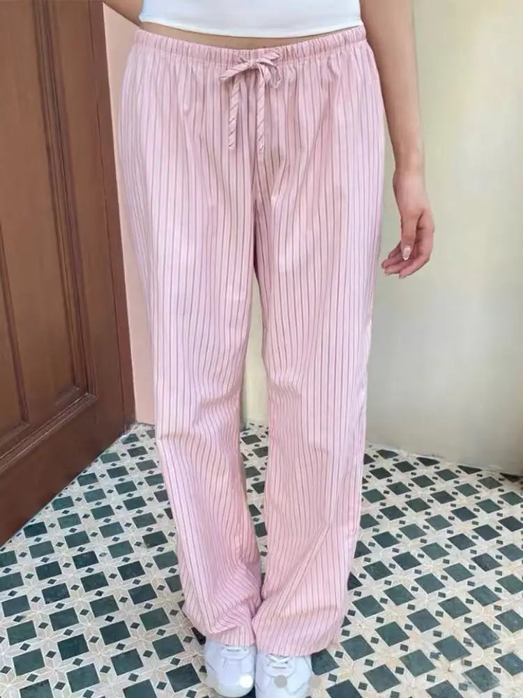 Fashion Blue Striped Drawstring Straight Sport Pants Women New Chic Elastic High Waist Long Pant Casual Sweet Loose Trousers Y2K