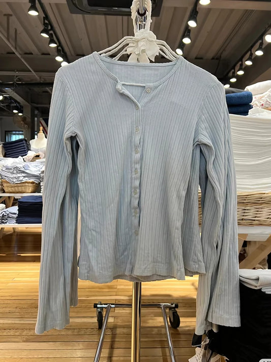 Blue Eyelet Long Sleeve Tee Women Casual Cotton Slim O-neck Single Breasted T-shirt Female Cute Sweet Preppy Style Tshirt Tops