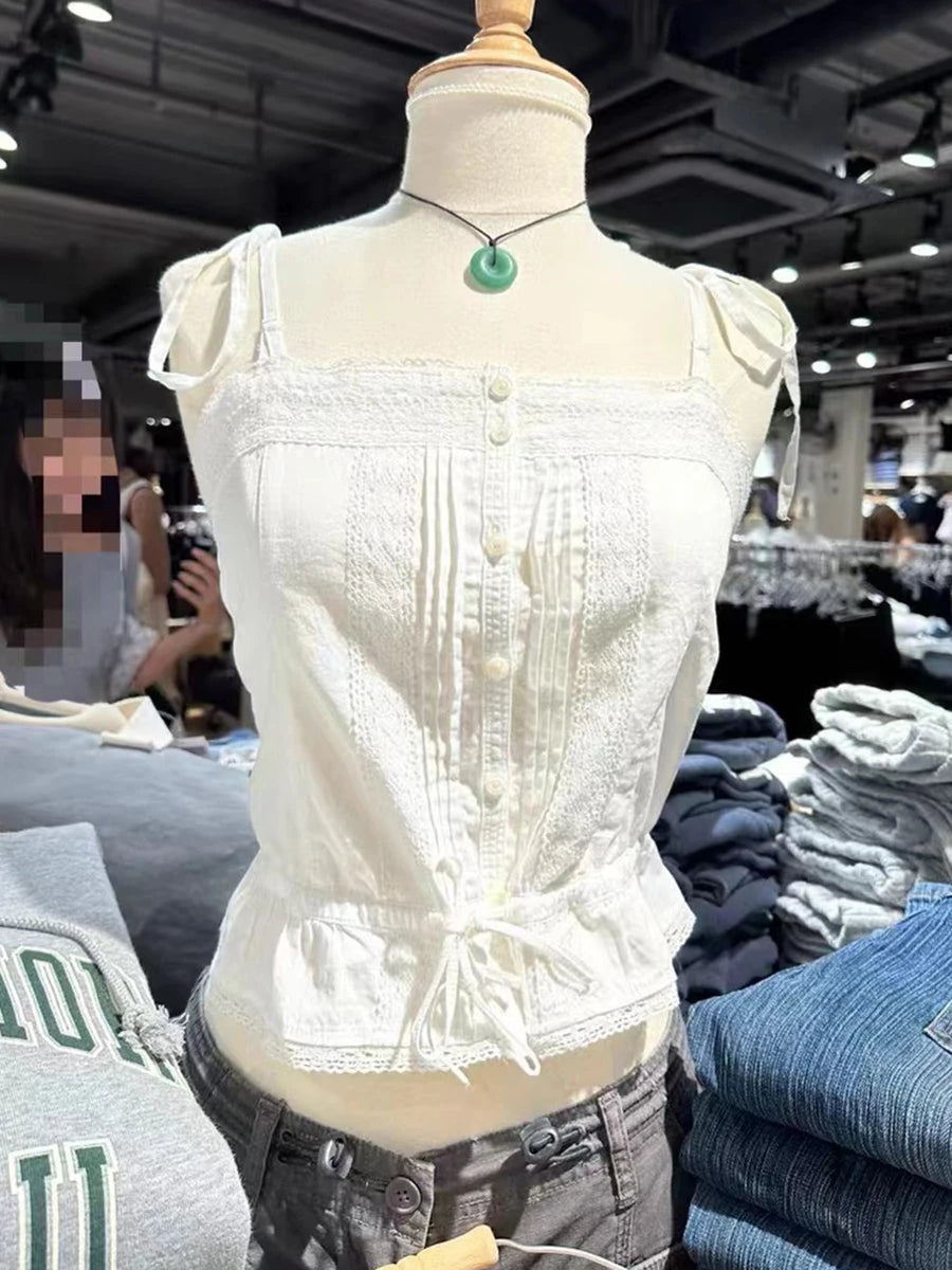 Blue Hollow Out Strappy Tank Tops Women Summer New Cotton Slim Ruffles Buttons Cropped Vests Y2K Sweet Cute Streetwear Camisole