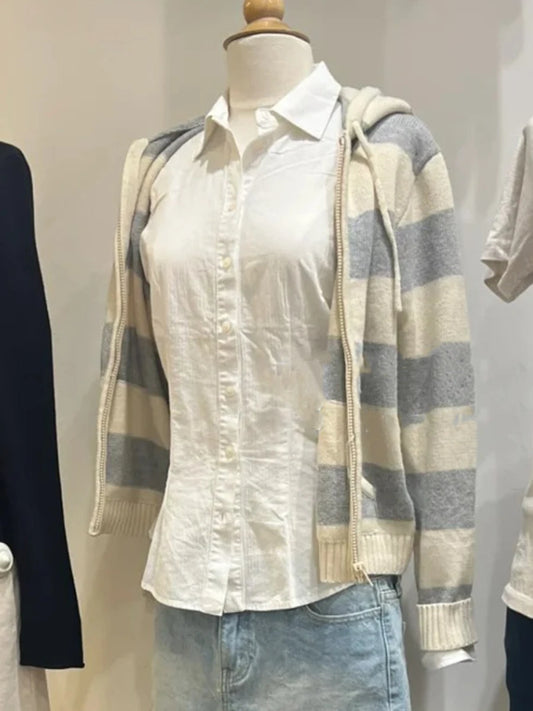 Striped Pockets Knitted Hooded Sweater Women Autumn Fashion Cotton Retro Crop Pullover Tops Vintage Chic Sweet Cardigan Jumper
