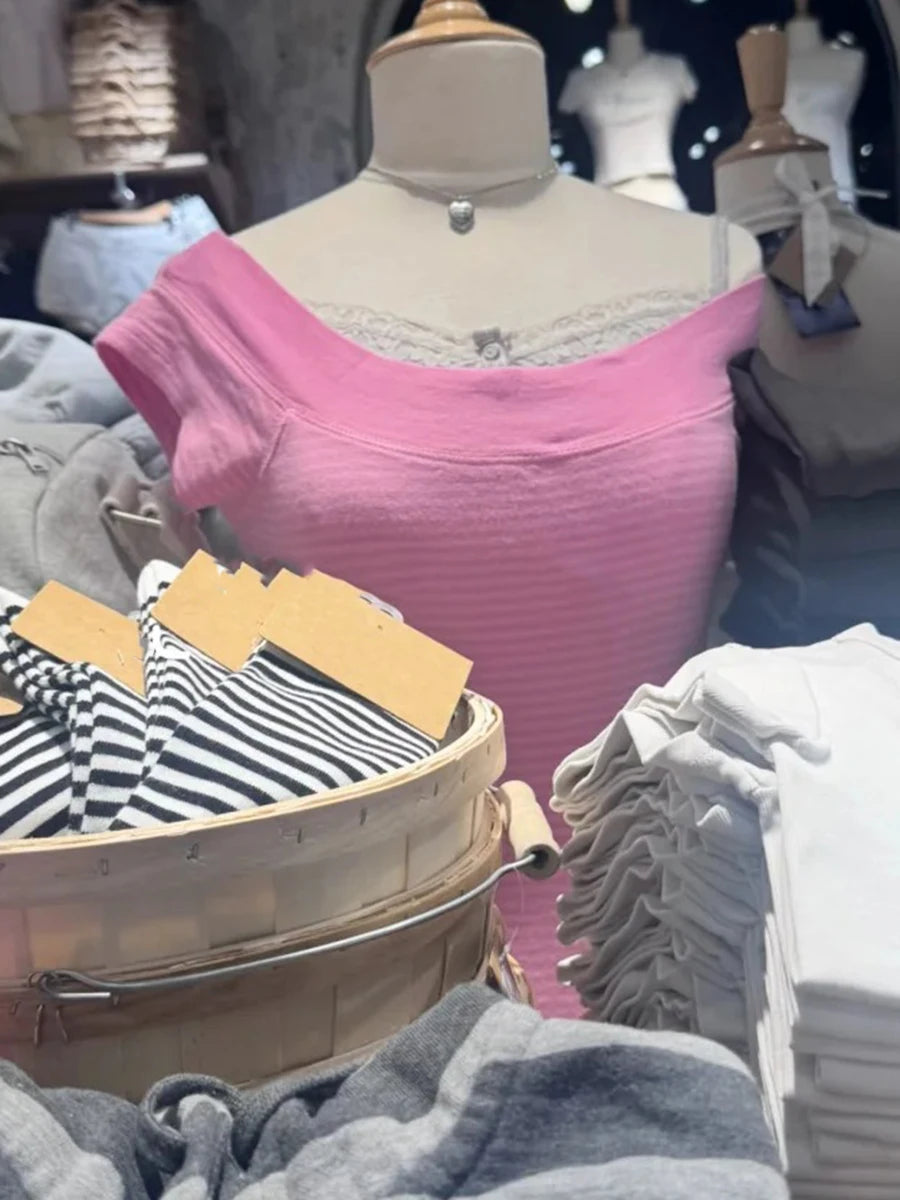 Pink Striped Slash Neck Tee Shirts Women Casual Short Raglan sleeve Cotton Preppy Style Slim Tshirts Sweet Cute Simple T-shirts