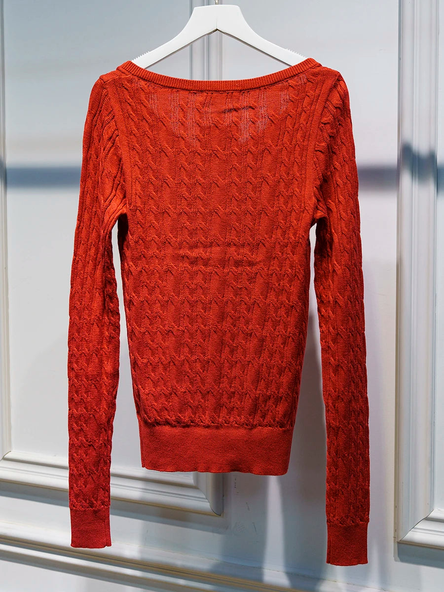 Vintage Twisted Flower Cotton Cardigans Women Streetwear New Slim Thin O-neck Single-Breasted Sweater Casual Sweet Red Knitwear