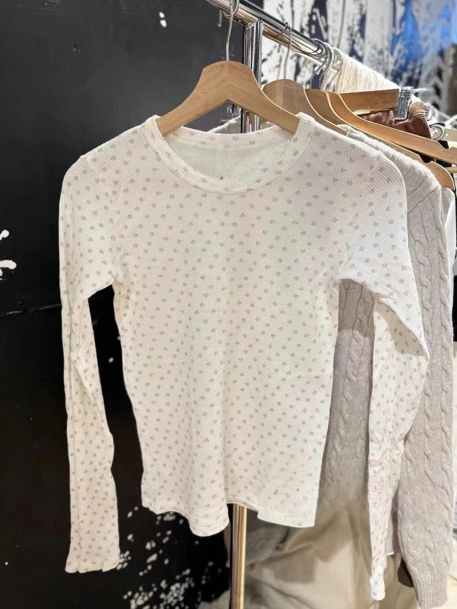 Sweet Orange Floral Print Waffle Long Sleeve Tees Women Autumn Cotton Caasual Streetwear O-neck Slim Tops Cute Chic Y2K T-shirts