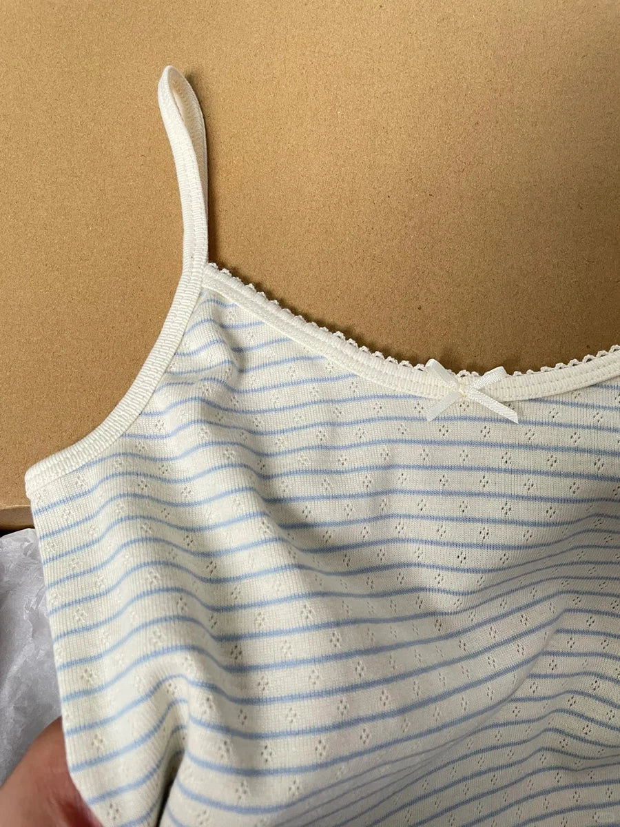 Blue Striped Eyelet Tank Tops Women Summer Y2K Cotton Soft Bow Lace Trim Sleeveless Vests Sweet Cute Preppy Style Camisole New