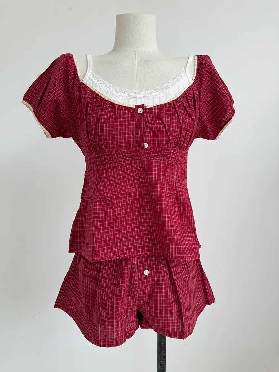 Sweet Red Plaid T-shirt Shorts 2 Piece Sets Women New Lace Trim Buttons Tees+ Casual Straight Sweatshorts Cute Casual Home Set