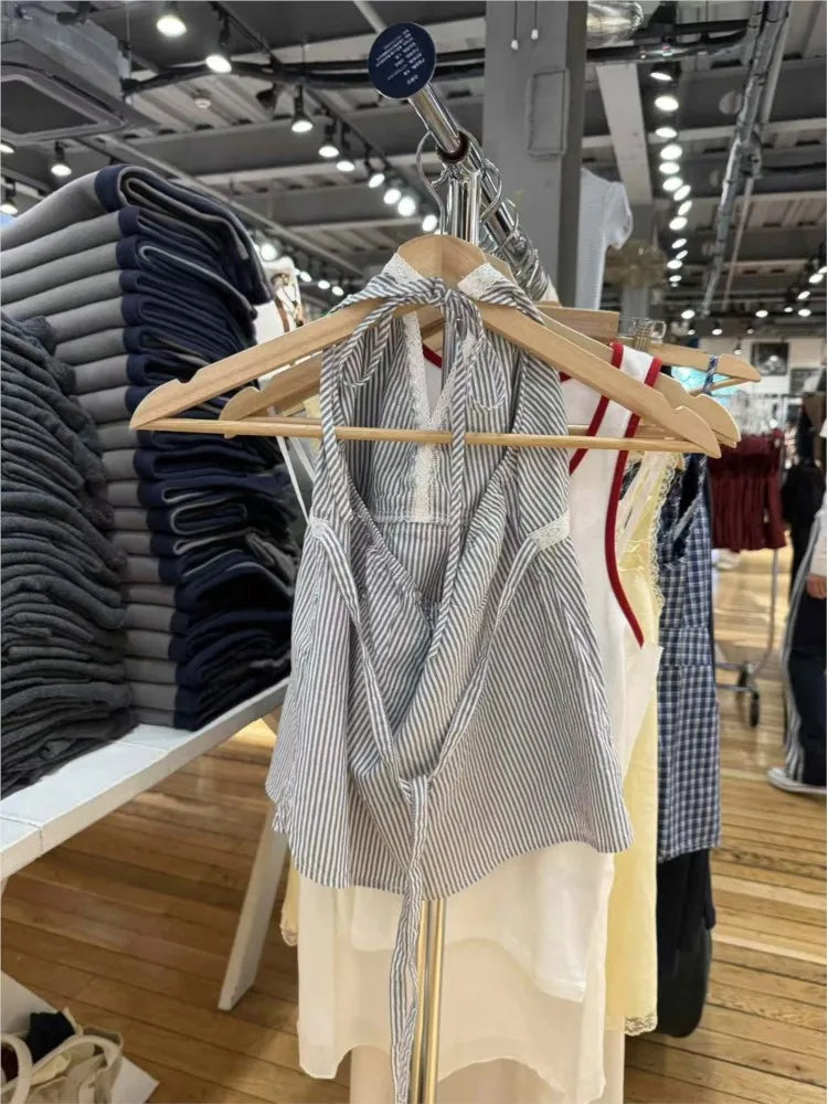Blue Striped Lace-up Halter Crop Top Woman Summer Cotton Lace Trim Deep V-neck Backless Sleeveless Vests Sweet Chic Camisole New