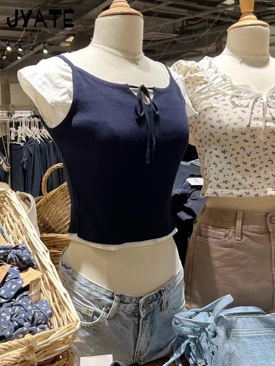 Navy Blue Knitted Cropped Vests Women New Summer Strap U-neck Casual Simple Sleeveless Tank Tops Sweet Cute VIntage Camisole Y2K